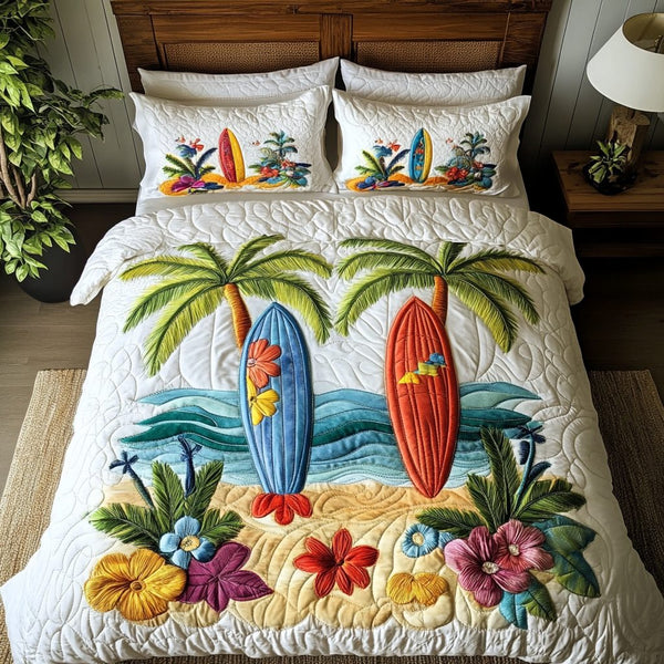 Tropical Haven quilted 3-piece bedding set on a made bed in a light coastal bedroom