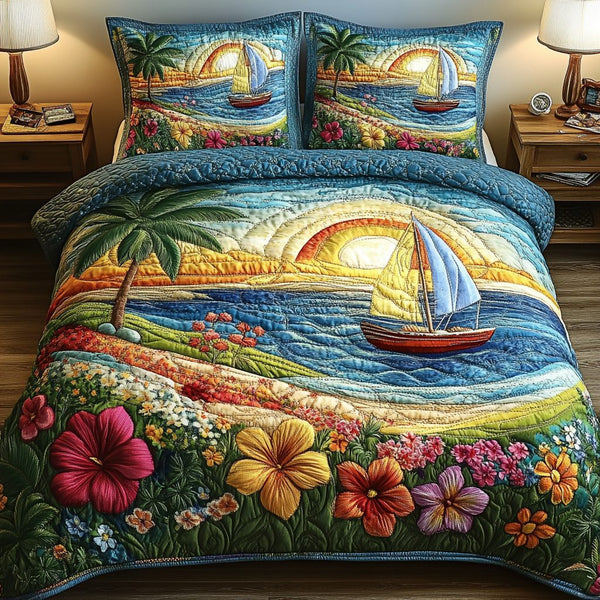 Tropical Haven quilted 3-piece bedding set on a made bed in a light coastal bedroom