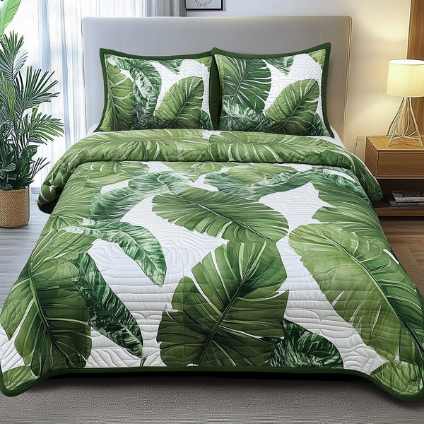Tropical Heaven quilted 3-piece bedding set on a made bed in a softly lit bedroom
