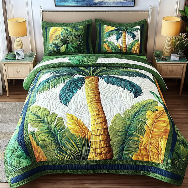 Tropical Heaven quilted 3-piece bedding set on a made bed in a softly lit bedroom