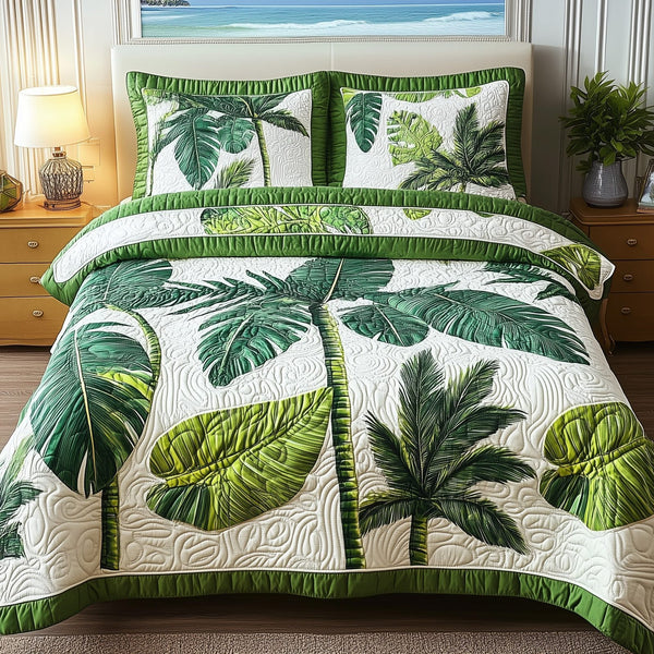 Tropical Heaven quilted 3-piece bedding set on a made bed in a softly lit bedroom
