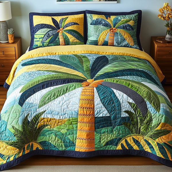 Tropical Heaven quilted 3-piece bedding set on a made bed in a softly lit bedroom