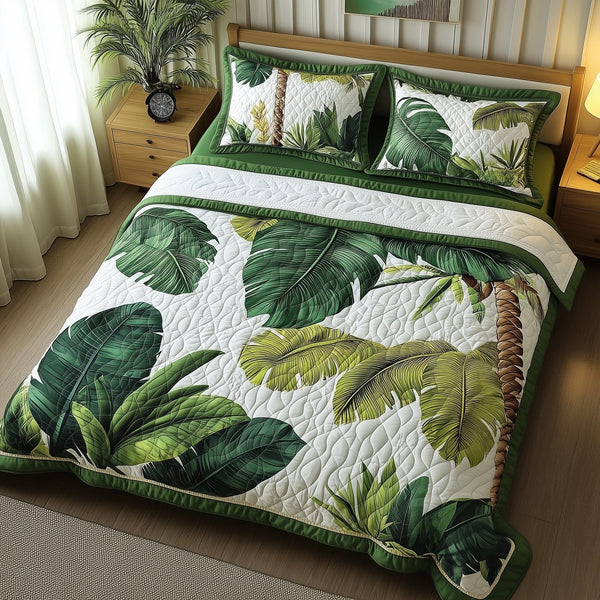 Tropical Heaven quilted 3-piece bedding set on a made bed in a softly lit bedroom