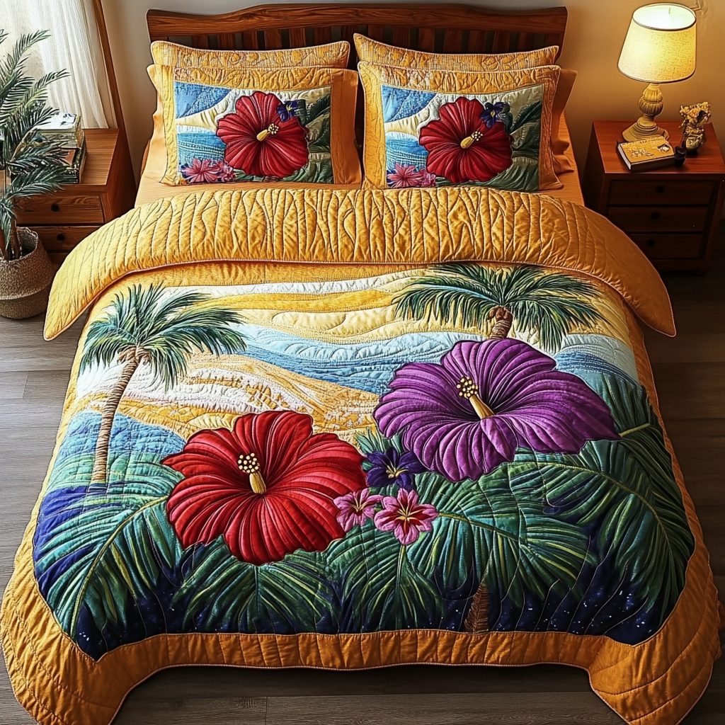 Tropical Hibiscus Bliss quilted 3-piece bedding set on a made bed in a light coastal bedroom