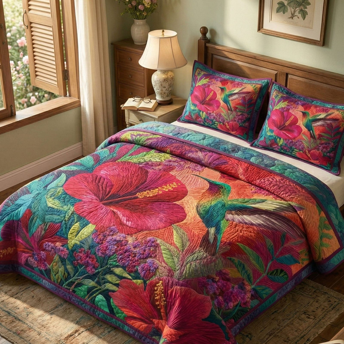 Tropical Hibiscus quilted 3-piece bedding set on a made bed in a light coastal bedroom
