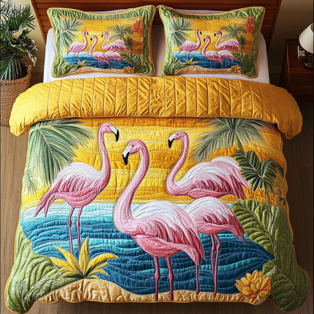 Tropical Kiss quilted 3-piece bedding set on a made bed in a light coastal bedroom