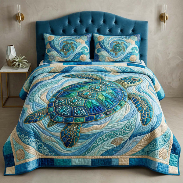 Tropical Mandala quilted 3-piece bedding set on a made bed in a light coastal bedroom