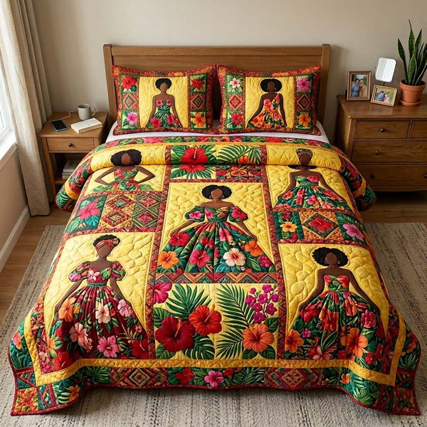 Tropical Melanin quilted 3-piece bedding set on a made bed in a light coastal bedroom