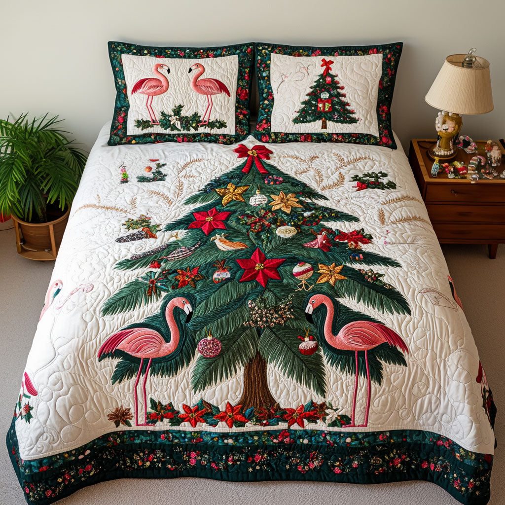Tropical Noel quilted 3-piece bedding set on a made bed in a winter-styled bedroom