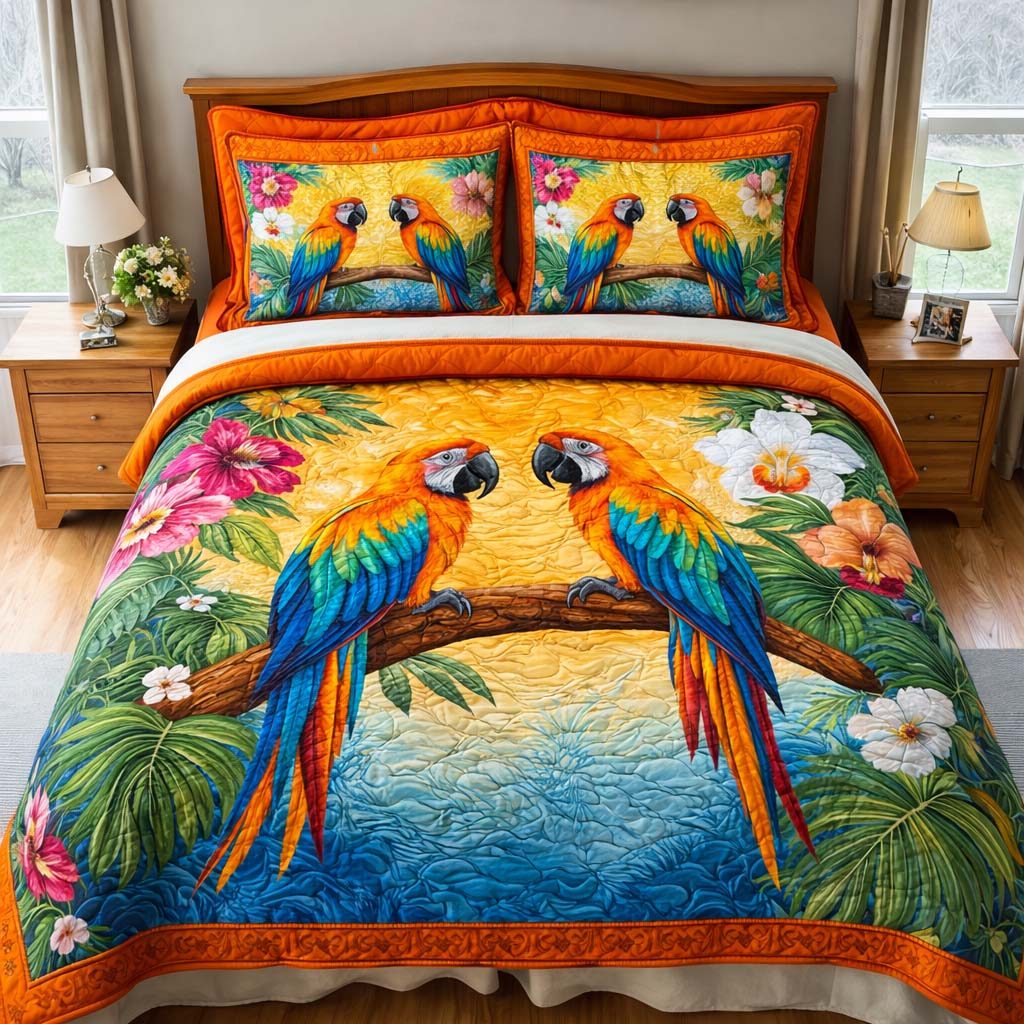 Tropical Pair quilted 3-piece bedding set on a made bed in a light coastal bedroom