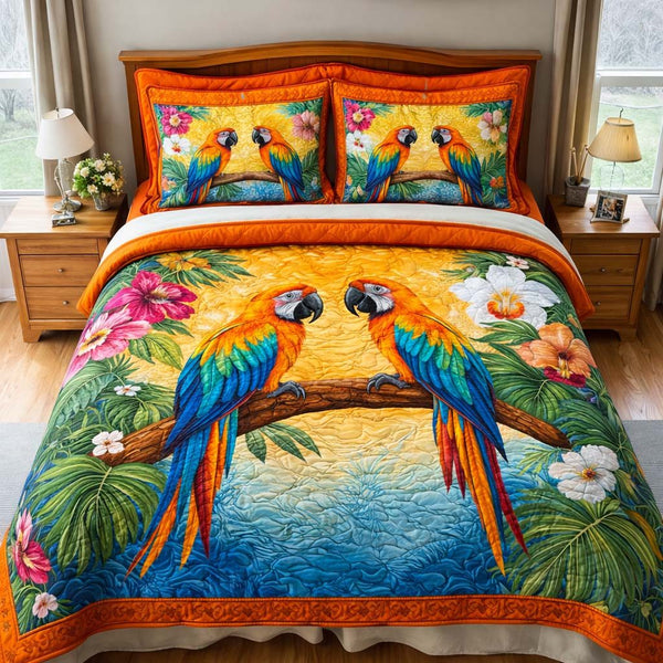 Tropical Pair quilted 3-piece bedding set on a made bed in a light coastal bedroom