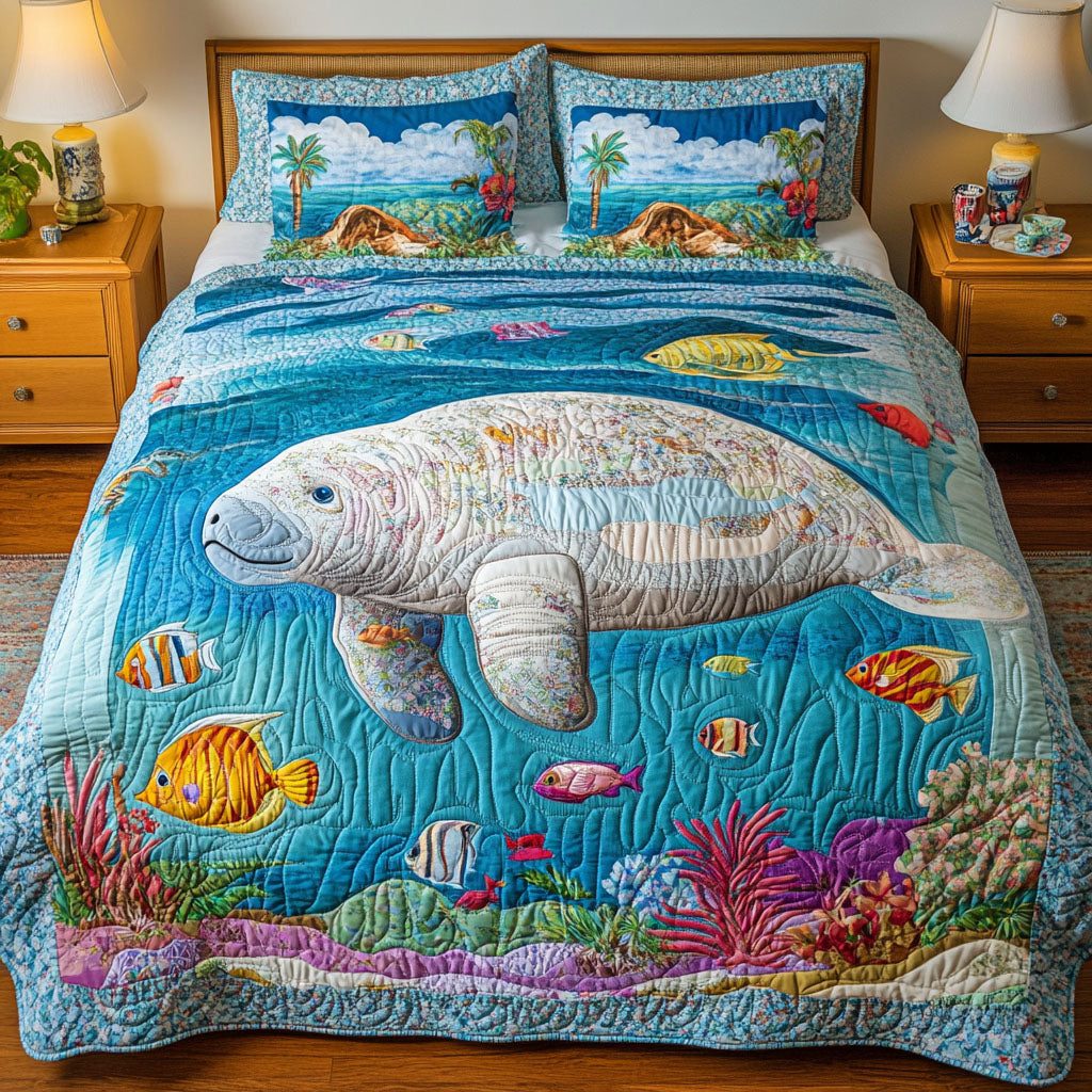 Tropical Paradise Manatee quilted 3-piece bedding set on a made bed in a light coastal bedroom