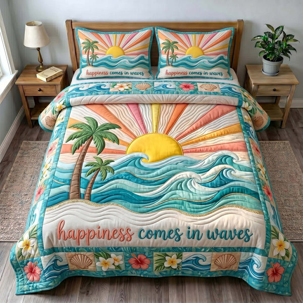 Tropical Paradise quilted 3-piece bedding set on a made bed in a light coastal bedroom