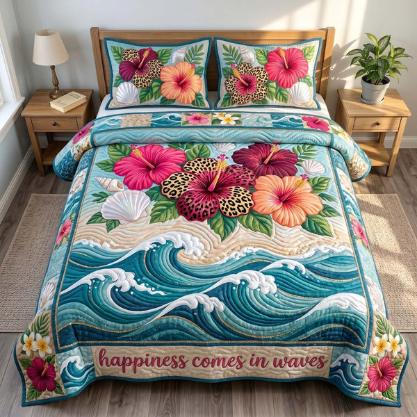 Tropical Paradise quilted 3-piece bedding set on a made bed in a light coastal bedroom