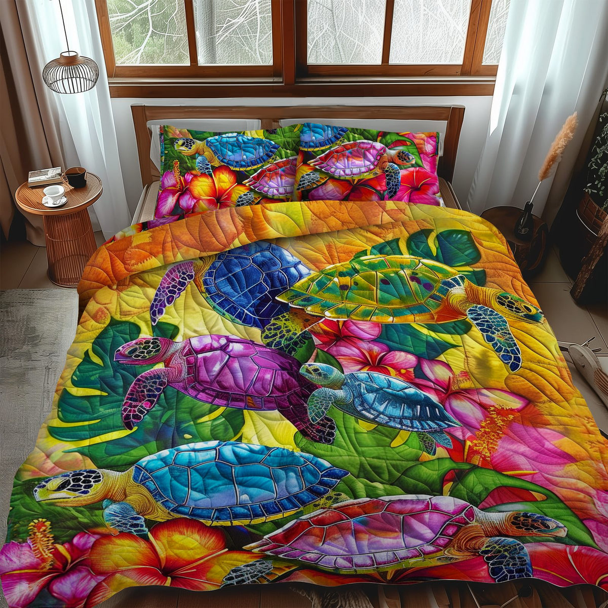 Tropical Paradise quilted 3-piece bedding set on a made bed in a light coastal bedroom