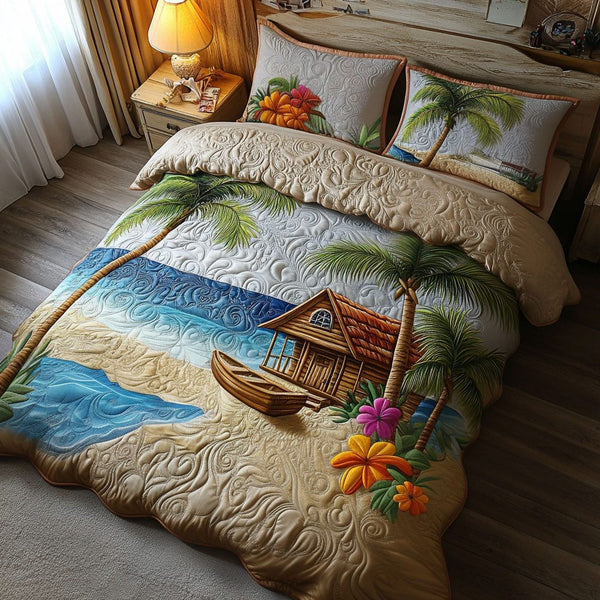 Tropical Paradise quilted 3-piece bedding set on a made bed in a light coastal bedroom