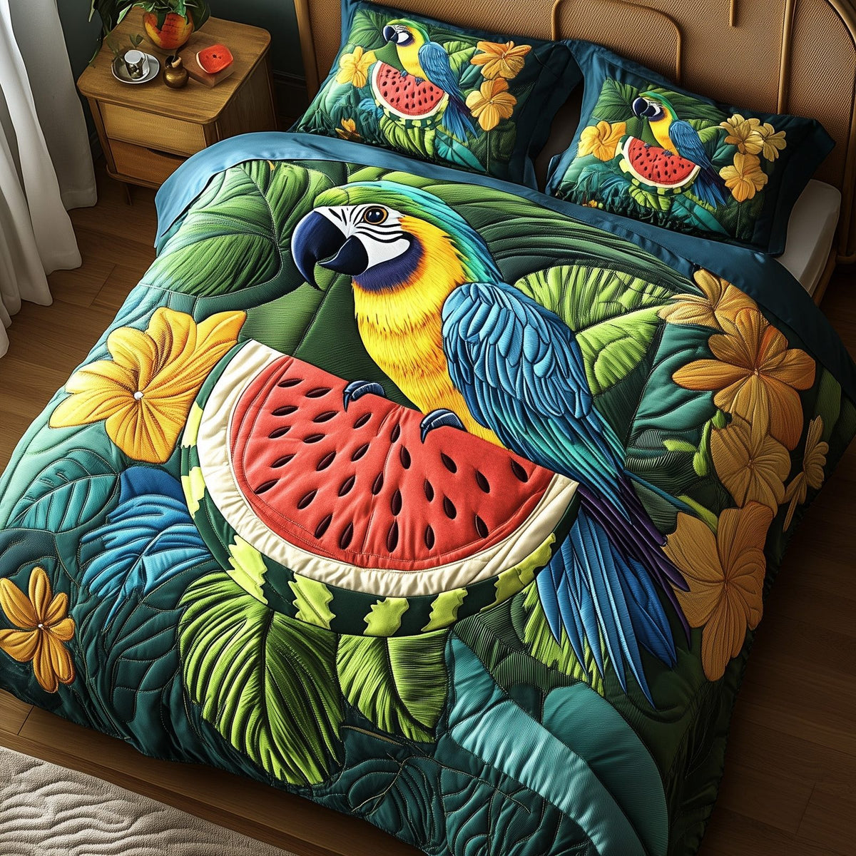 Tropical Parrot quilted 3-piece bedding set on a made bed in a light coastal bedroom