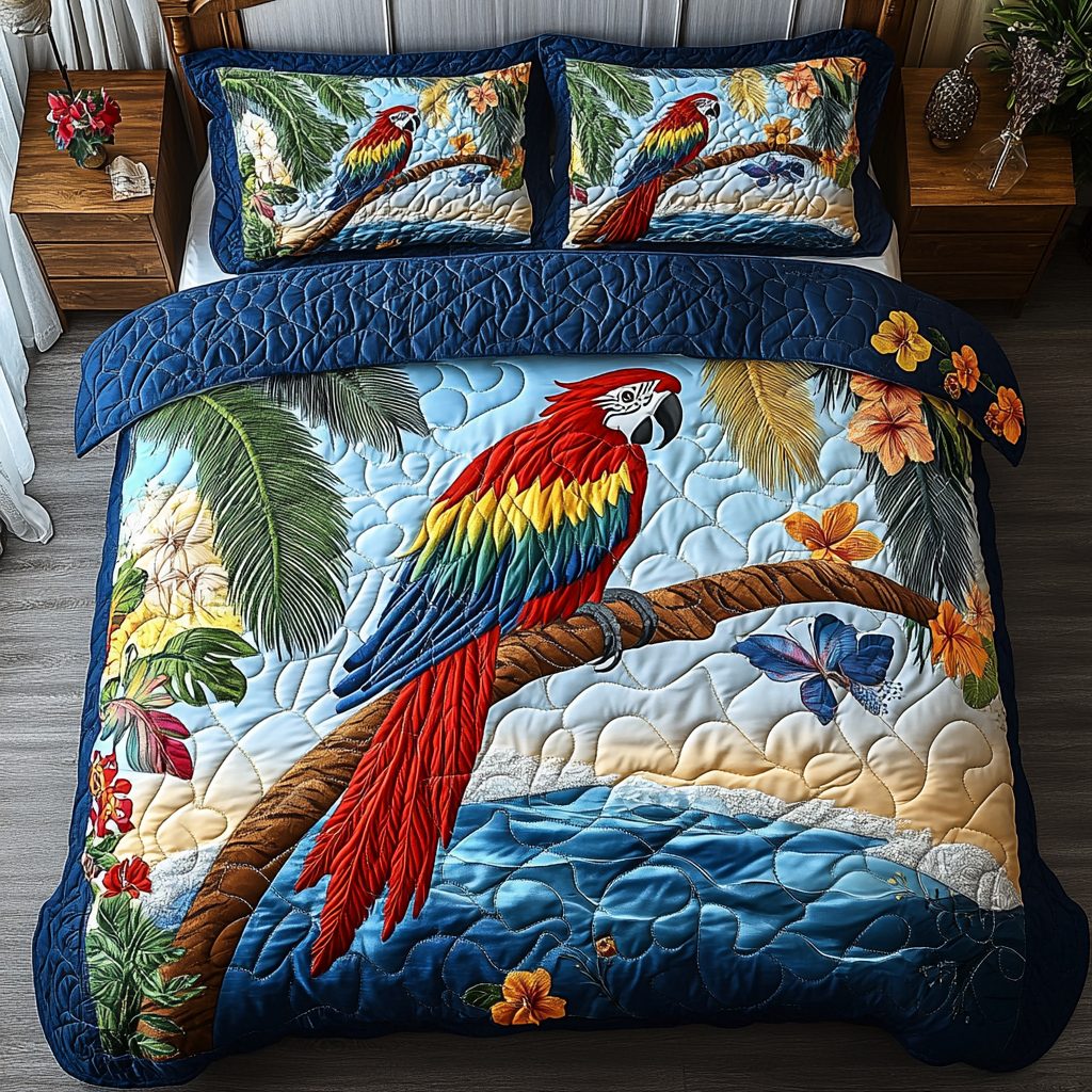 Tropical Parrot quilted 3-piece bedding set on a made bed in a light coastal bedroom