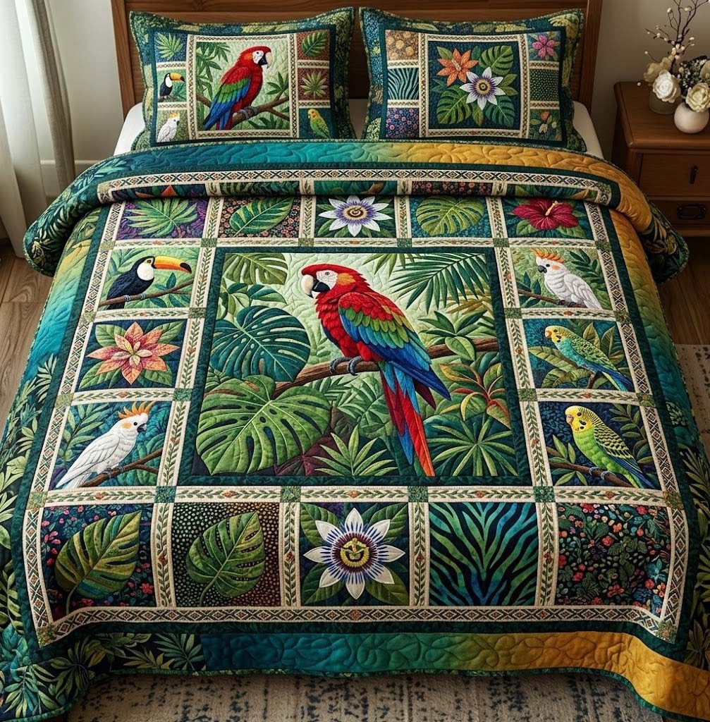 Tropical Parrots quilted 3-piece bedding set on a made bed in a light coastal bedroom