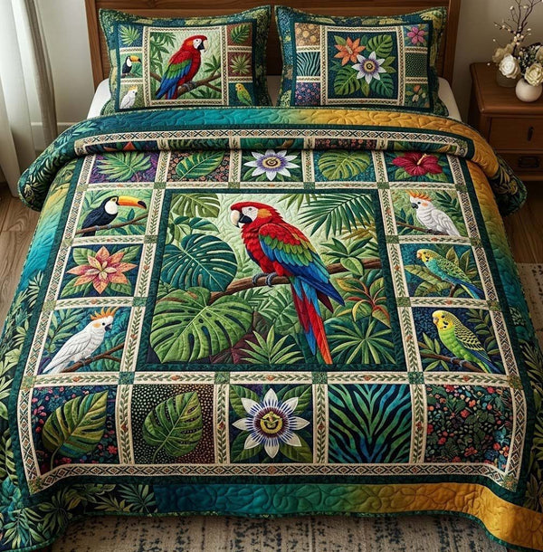 Tropical Parrots quilted 3-piece bedding set on a made bed in a light coastal bedroom