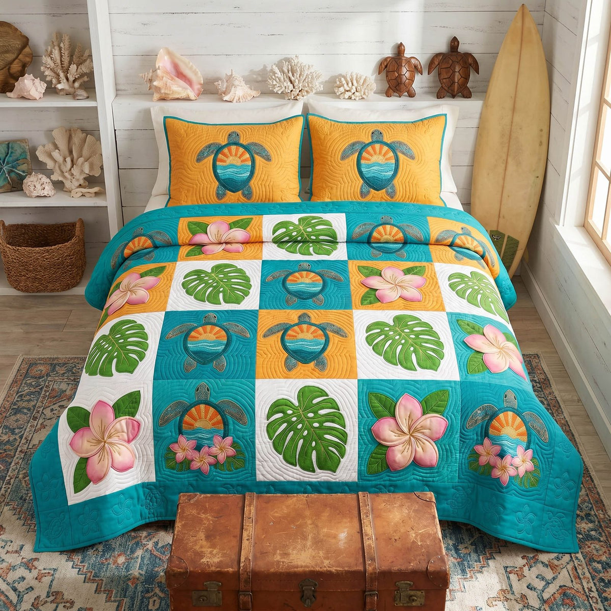 Tropical Patch quilted 3-piece bedding set on a made bed in a light coastal bedroom