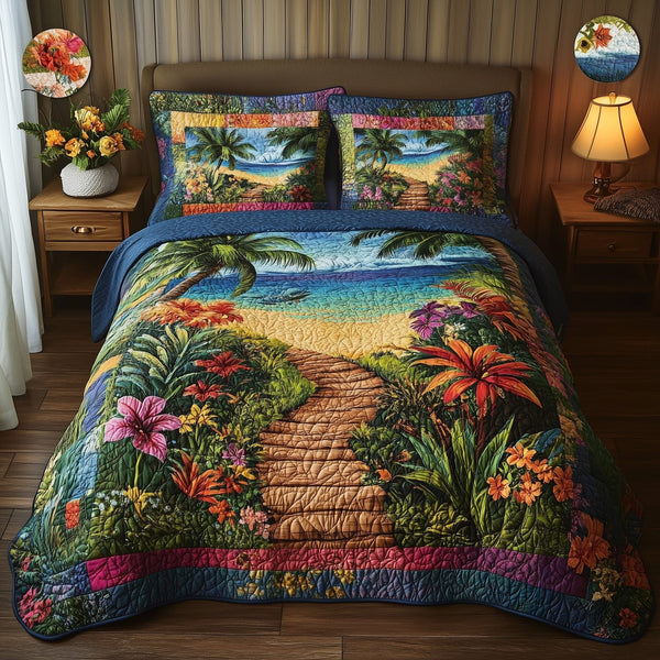Tropical Path quilted 3-piece bedding set on a made bed in a light coastal bedroom