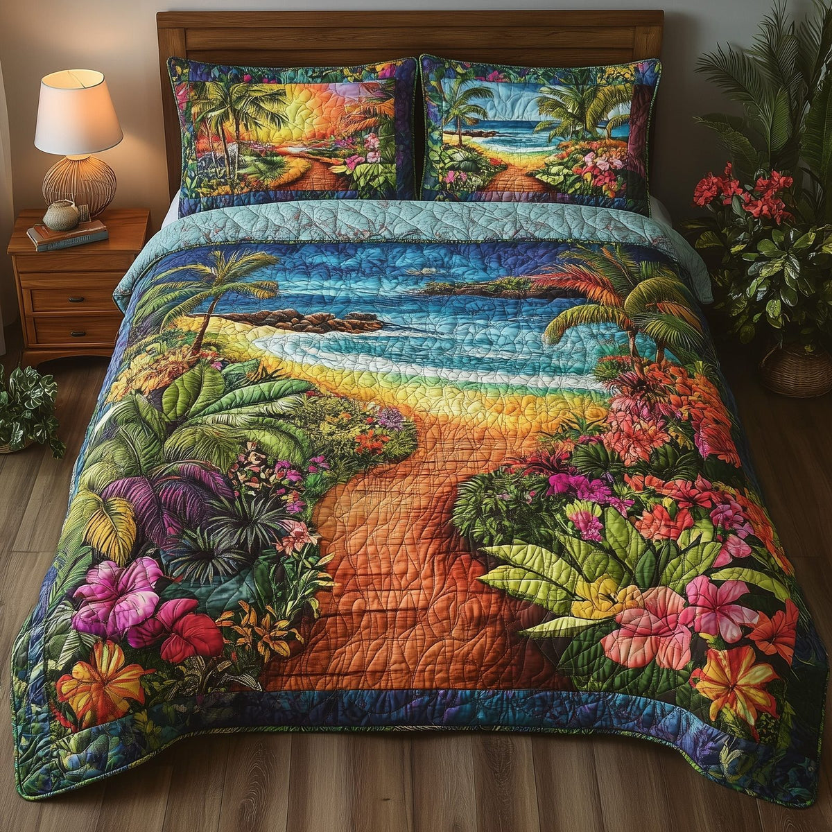 Tropical Path quilted 3-piece bedding set on a made bed in a light coastal bedroom