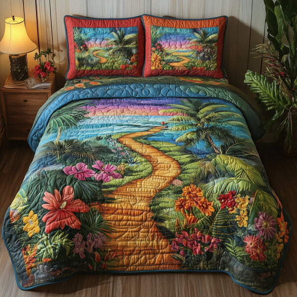 Tropical Path quilted 3-piece bedding set on a made bed in a light coastal bedroom