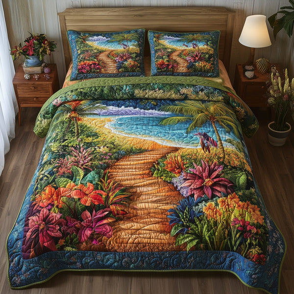 Tropical Path quilted 3-piece bedding set on a made bed in a light coastal bedroom