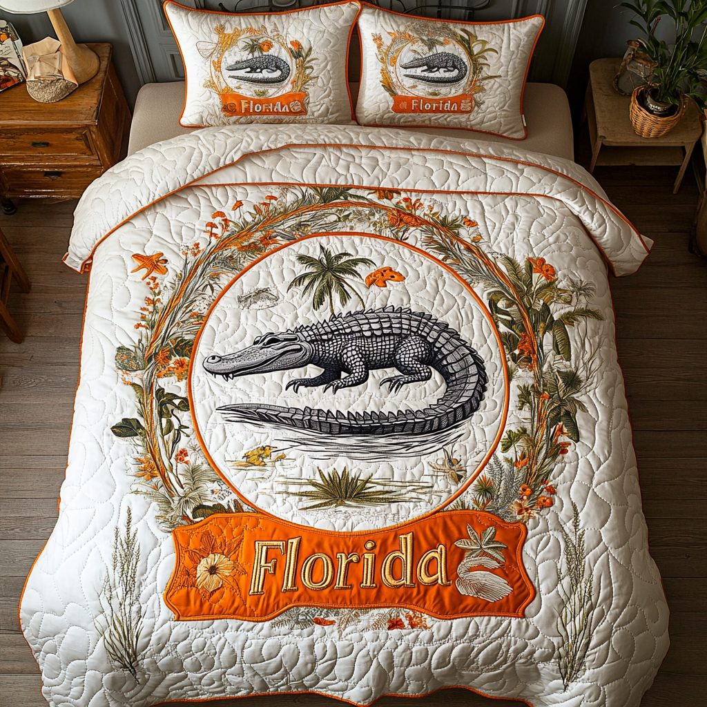Tropical Predator quilted 3-piece bedding set on a made bed in a light coastal bedroom
