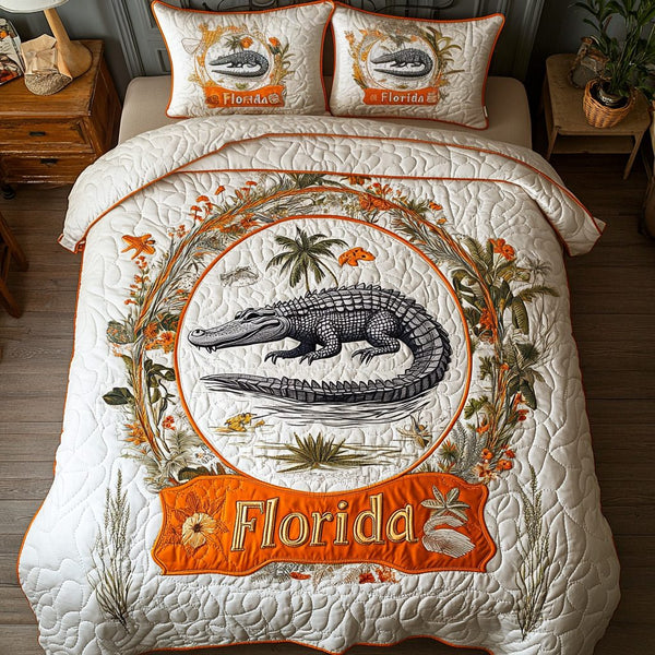 Tropical Predator quilted 3-piece bedding set on a made bed in a light coastal bedroom