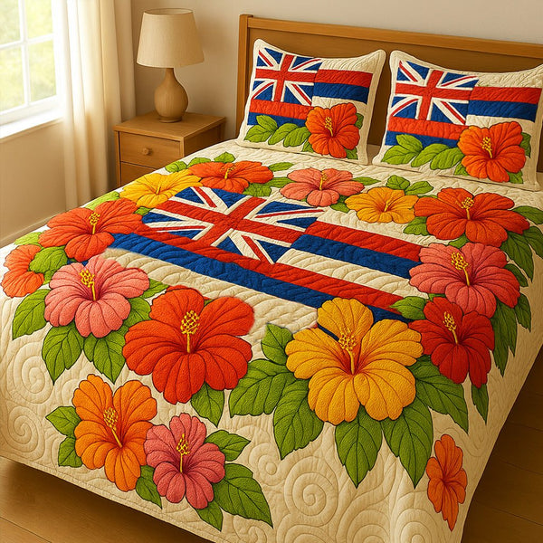 Tropical Pride quilted 3-piece bedding set on a made bed in a light coastal bedroom