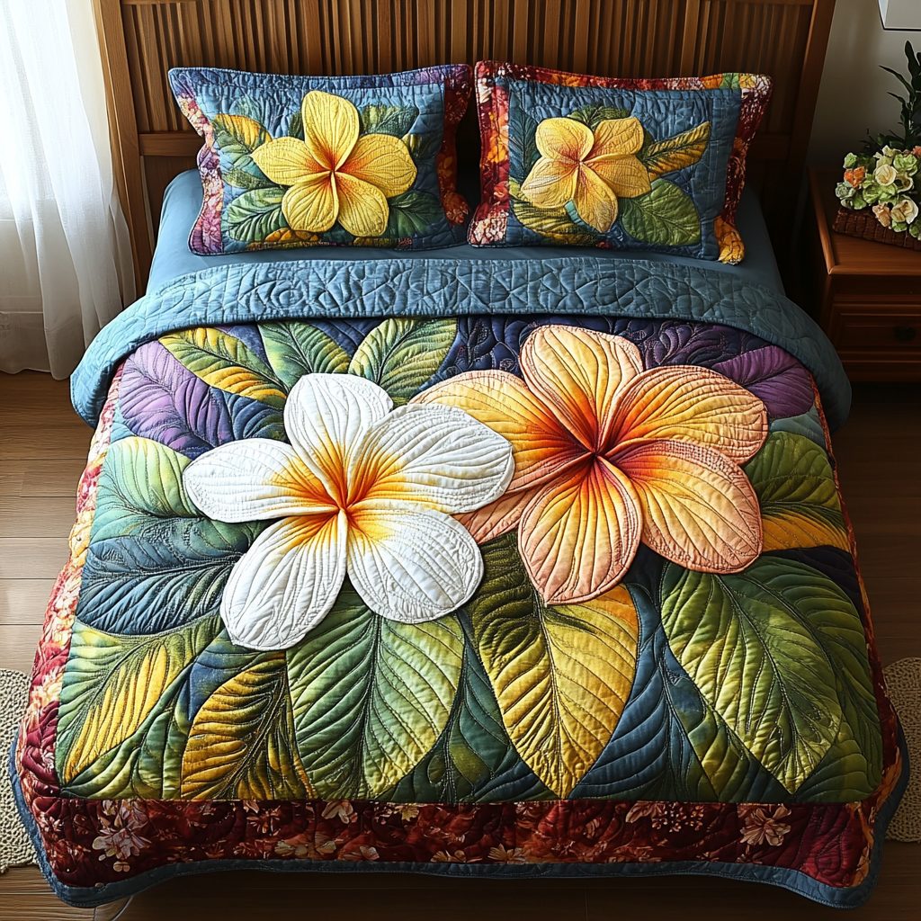 Tropical Radiance quilted 3-piece bedding set on a made bed in a light coastal bedroom