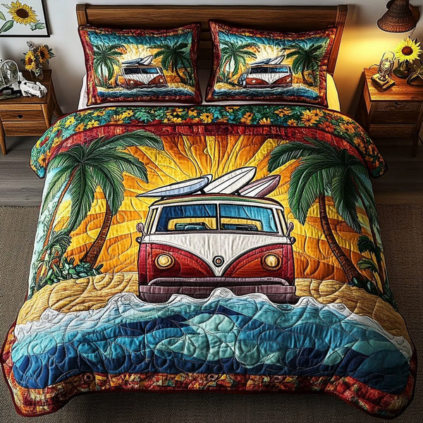 Tropical Ride quilted 3-piece bedding set on a made bed in a light coastal bedroom