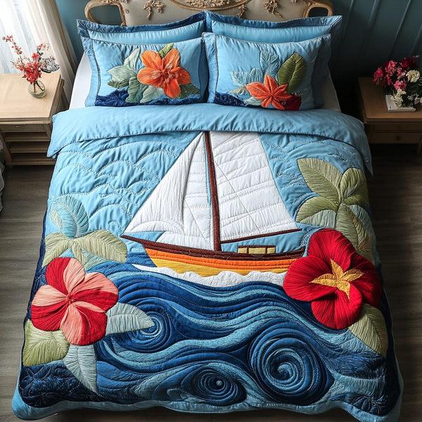 Tropical Sails quilted 3-piece bedding set on a made bed in a light coastal bedroom