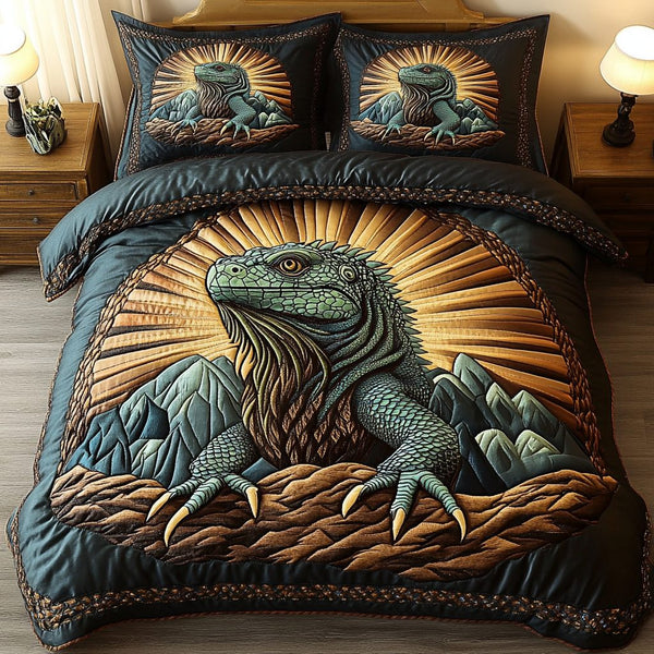 Tropical Scales quilted 3-piece bedding set on a made bed in a light coastal bedroom