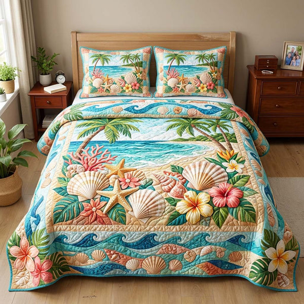 Tropical Seashell quilted 3-piece bedding set on a made bed in a light coastal bedroom