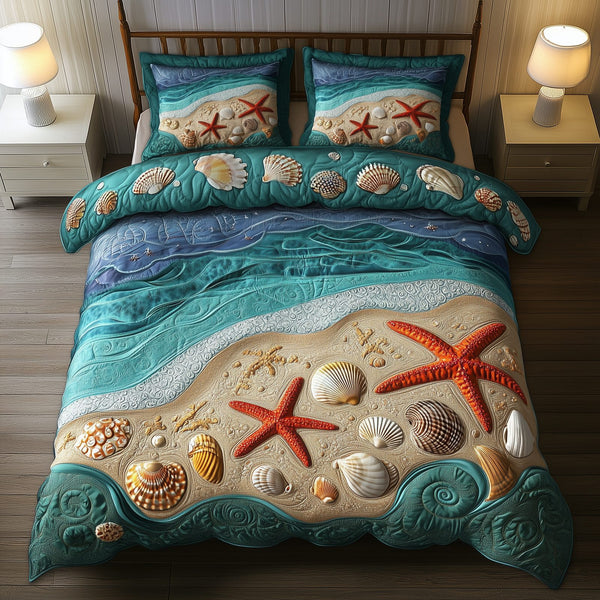 Tropical Seashell Symphony quilted 3-piece bedding set on a made bed in a light coastal bedroom