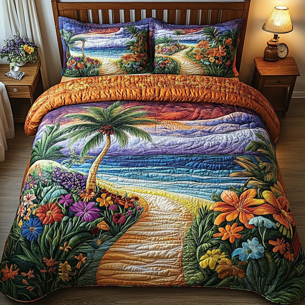 Tropical Serenity quilted 3-piece bedding set on a made bed in a light coastal bedroom