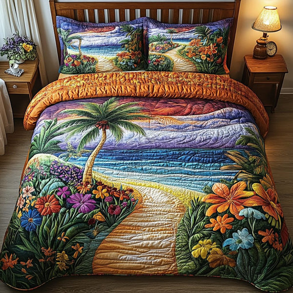 Tropical Serenity quilted 3-piece bedding set on a made bed in a light coastal bedroom