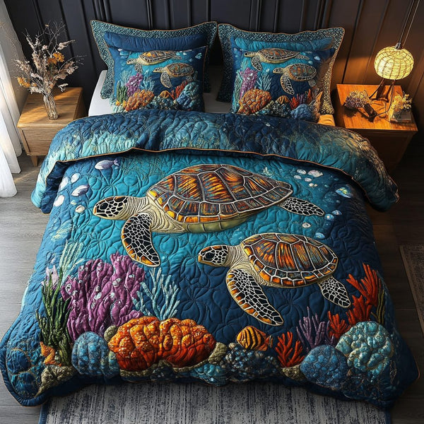 Tropical Shell quilted 3-piece bedding set on a made bed in a light coastal bedroom