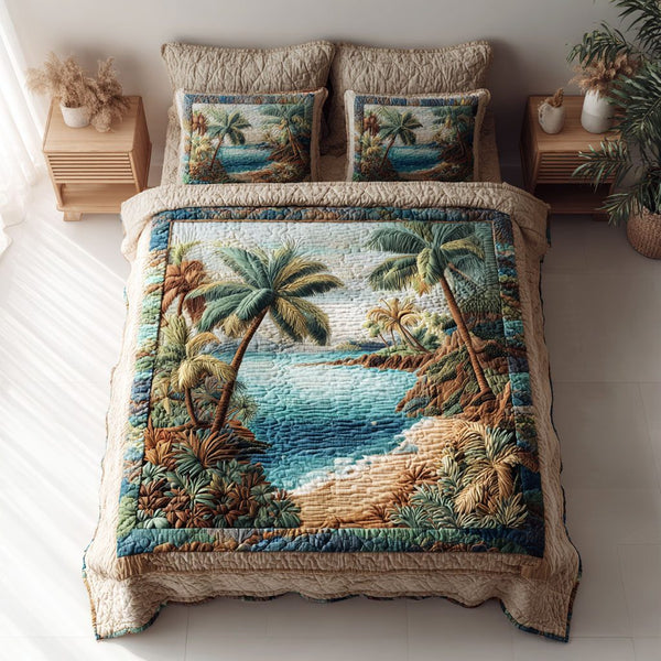 Tropical Shore quilted 3-piece bedding set on a made bed in a light coastal bedroom