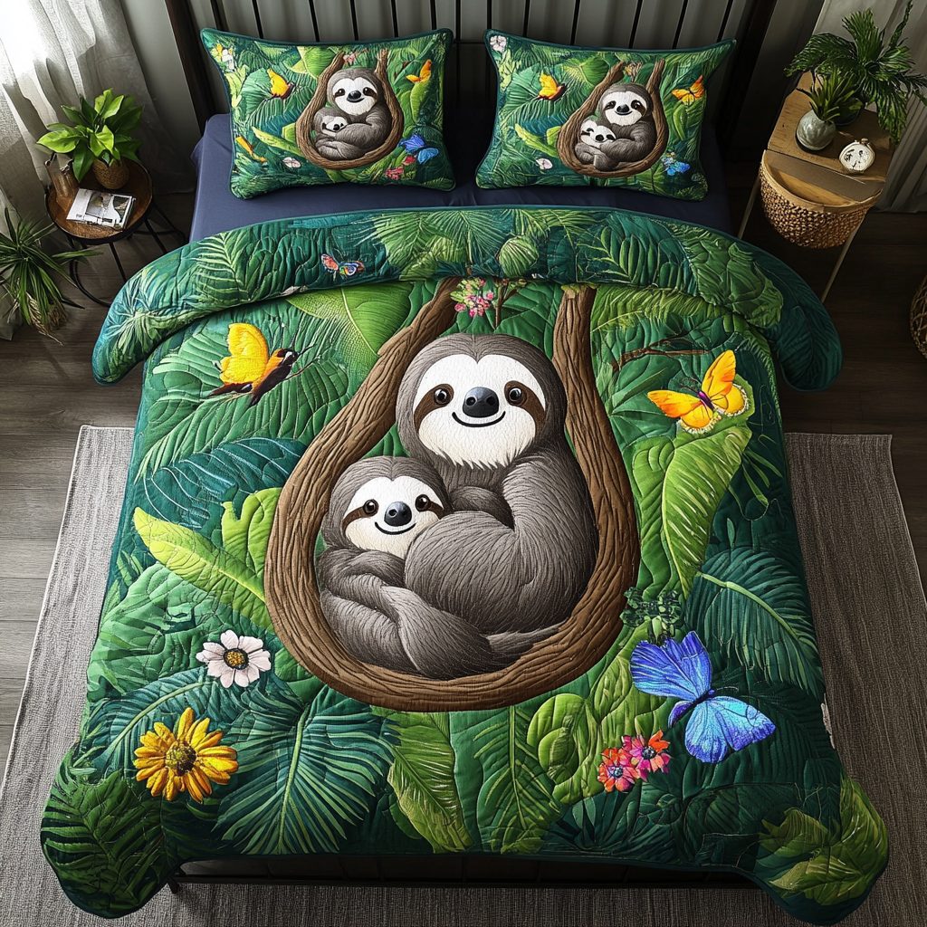 Tropical Sloth quilted 3-piece bedding set on a made bed in a light coastal bedroom