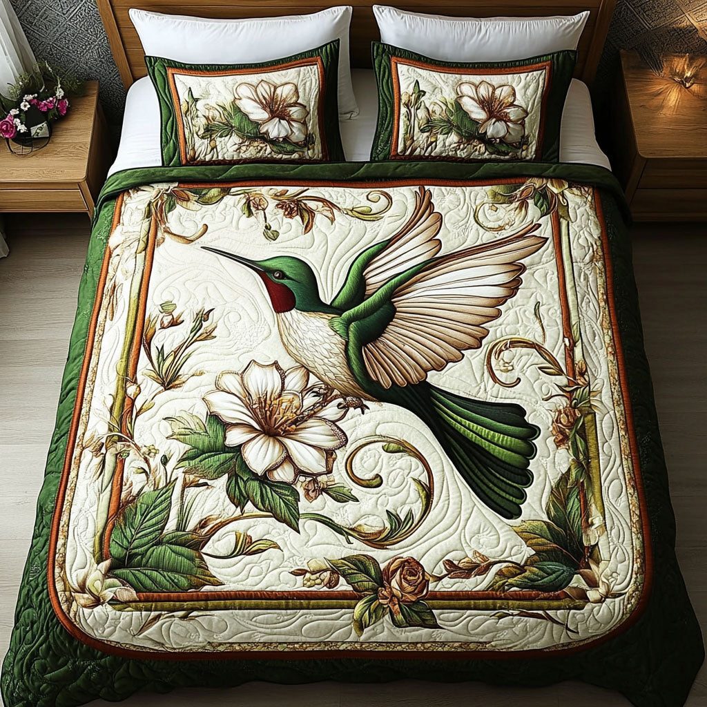 Tropical Song quilted 3-piece bedding set on a made bed in a light coastal bedroom