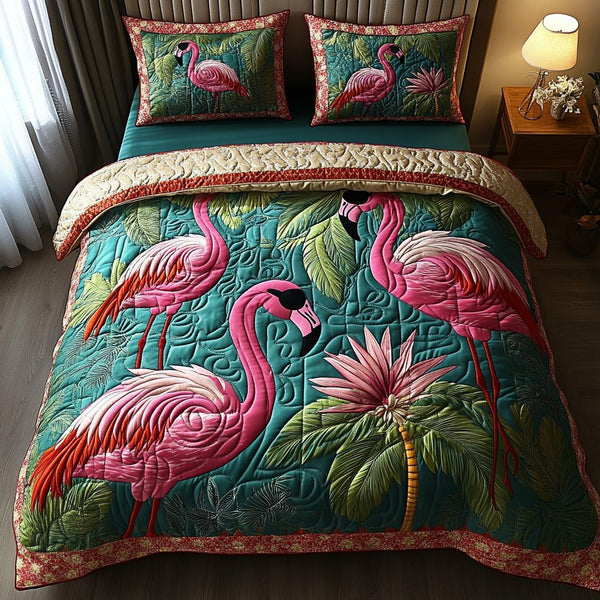Tropical Stroll quilted 3-piece bedding set on a made bed in a light coastal bedroom