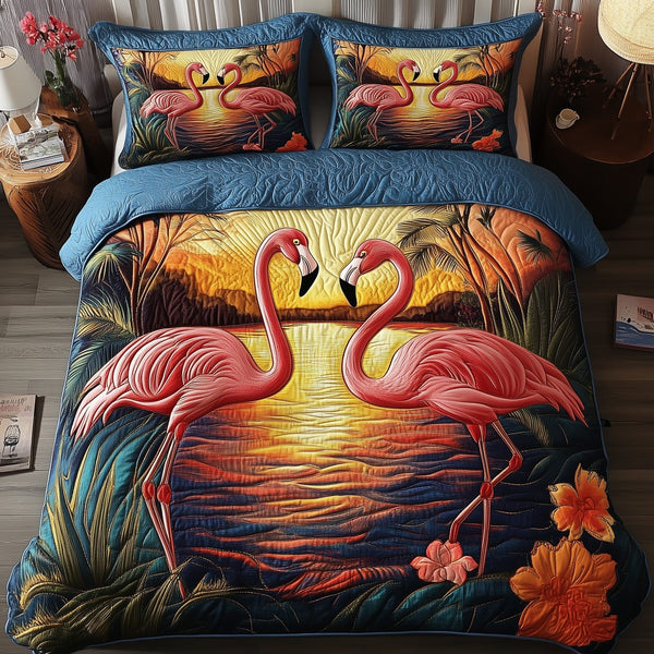 Tropical Sunset Flamingo quilted 3-piece bedding set on a made bed in a light coastal bedroom