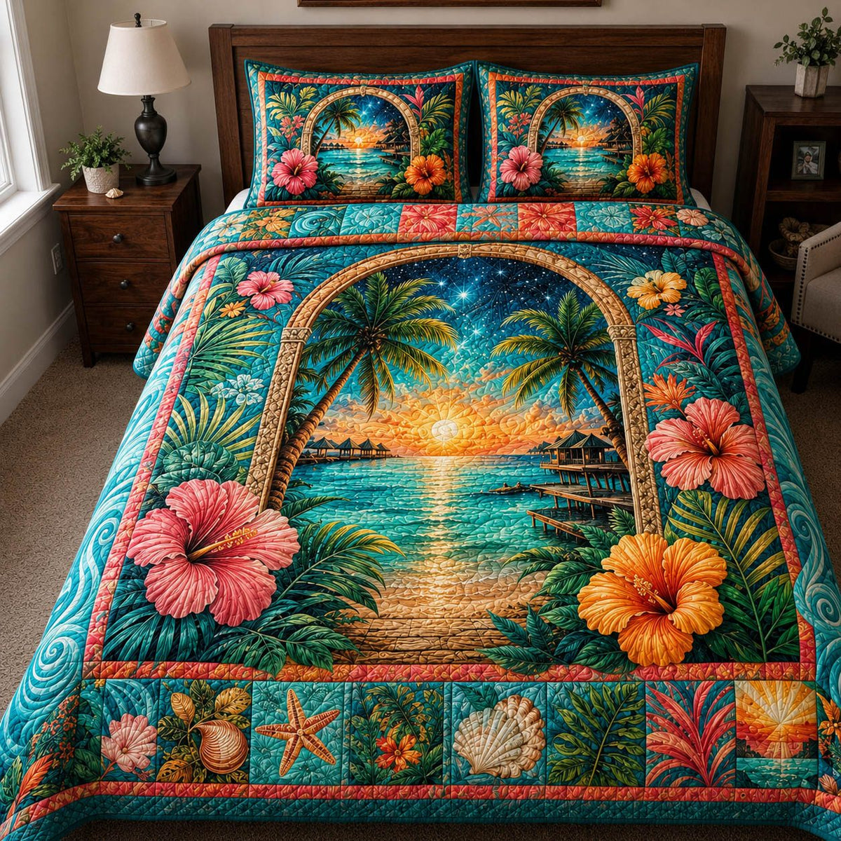 Tropical Sunset quilted 3-piece bedding set on a made bed in a light coastal bedroom