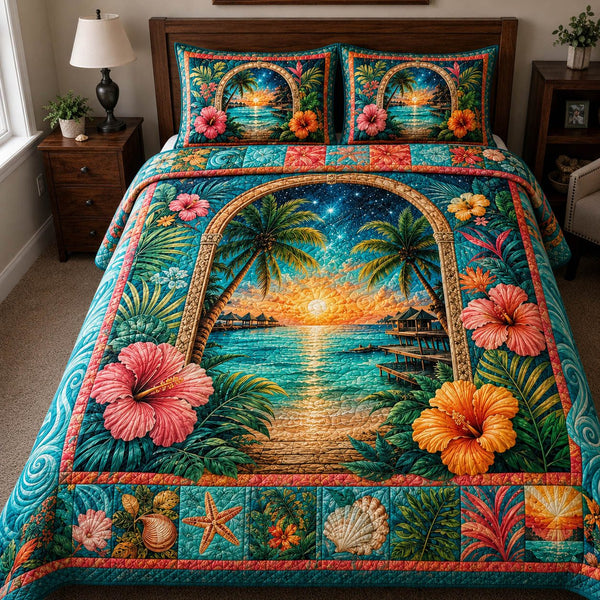 Tropical Sunset quilted 3-piece bedding set on a made bed in a light coastal bedroom