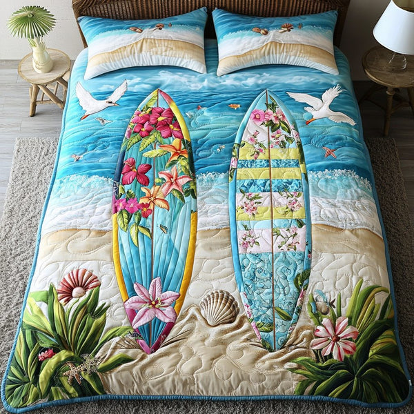 Tropical Surfboard quilted 3-piece bedding set on a made bed in a light coastal bedroom