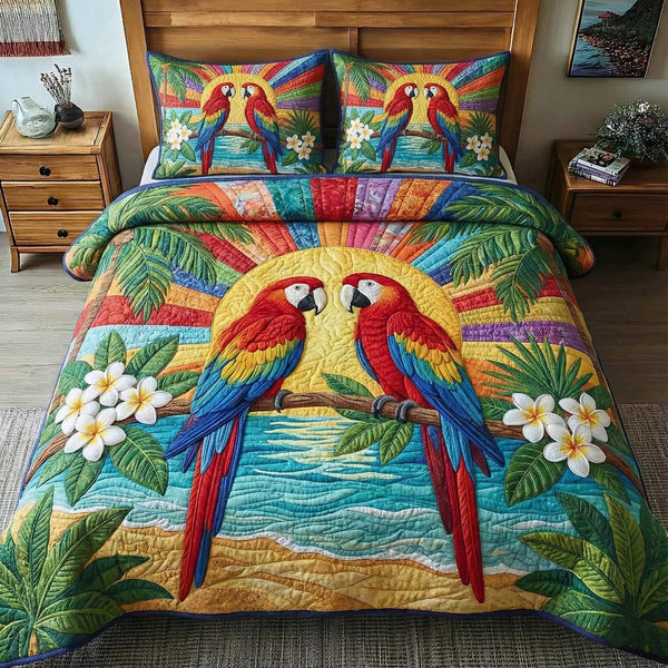 Tropical Sweethearts quilted 3-piece bedding set on a made bed in a light coastal bedroom